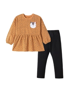Girls' yellow long sleeve top with black polka dots, cat patch embroidery and black leggings