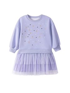 Girls long sleeve lavender sweatshirt dress with tulle skirt and floral embroidery