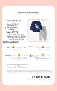 Detailed fabric and care guide for boys' shark sweatshirt and cargo pants set