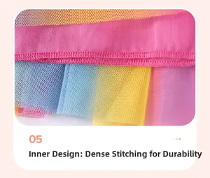 Detailed close-up of high-quality stitching and colorful mesh layers on a girls' dress