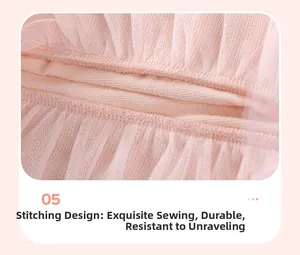 Close-up of double-stitched sewing details on pink cartoon dress mesh fabric