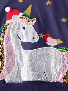 Dunkelviolettes Mädchen-Sweatshirt mit Pailletten-Einhorn und Regenbogen-Stickerei