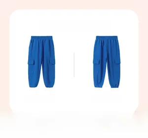 Flat lay of blue cotton cargo pants for boys with elastic waist and large flap pockets