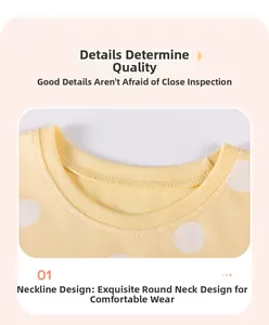 Detail of soft cotton round neckline on girls' yellow polka dot long sleeve dress