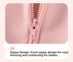 Detail of pink cotton baby hoodie showing smooth resin zipper and soft jersey fabric texture