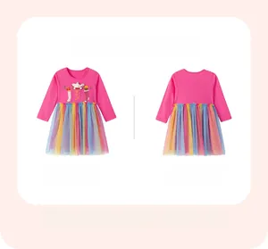 Detailed view of girls long sleeve cotton dress with rainbow mesh skirt and cartoon sock
