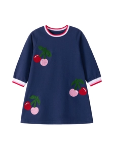 Vestito blu scuro maniche lunghe da bambina con ricami di ciliegie e finiture a righe