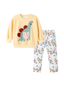 Ensemble d'automne deux pièces pour enfants avec broderie dinosaure et motif cartoon
