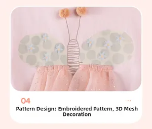 Détail de la tenue rose bébé fille avec papillon, tulle pailleté et pompons 3D doux