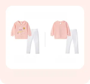 Detailed view showing the front and back of pink cotton top and white ribbed pants
