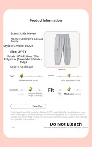 Detail view of grey kids cargo pants fabric specs 80% cotton 250g fleece for 2Y to 7Y