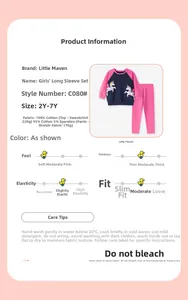 Detailed size chart and fabric info for girls unicorn sweatshirt and pants set