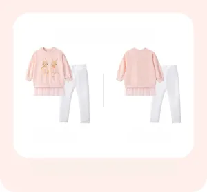 Toddler girl pink set with cartoon rabbit sweatshirt and white ribbed pants detail