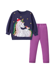 Mädchen-Set mit dunkelblauem Einhorn-Sweatshirt und lila gerippter Stretchhose