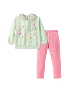 Zweiteiliges Herbst-Set für Mädchen mit grünem Feen-Sweatshirt und rosa Baumwollhose