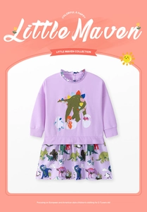 Detail of purple cotton long-sleeve dress with dinosaur embroidery and frill collar