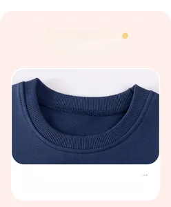 Detail of dark blue ribbed neckline with premium flatlock stitching on cotton sweatshirt