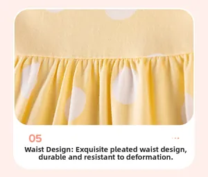 Macro detail of elastic gathered smocking on yellow polka dot cotton girls' dress