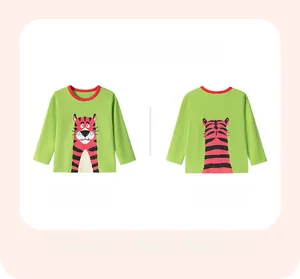 Front and back view of long-sleeved green cotton toddler shirt with cartoon tiger print