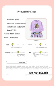 Detailed size chart and cotton fabric specifications for purple girl's dinosaur dress