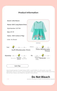 Detail view of cotton striped girl's dress with rainbow print and sizing 2Y-7Y information