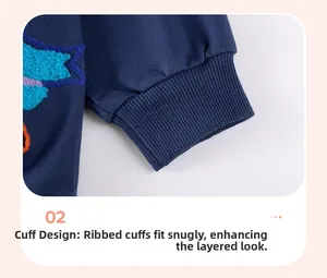 Detail of ribbed cuffs and colorful terry embroidery on kids navy blue sweatshirt