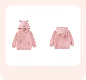 Pink hooded baby jacket with cute mouse ears design showing front and back views