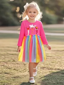 Toddler Girls Christmas Dress Long Sleeve Cotton Rose Pink Top Rainbow Mesh Tutu Dress Cartoon Mouse Applique Embroidery Princess Party Gown