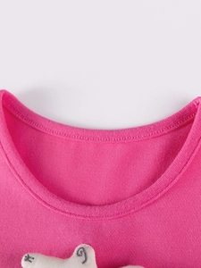 Pink crewneck cotton dress for girls with fine ribbed collar and cartoon embroidery