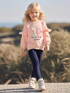 Little Maven Kleinkind Mädchen 2-Teiliges Set Rosa Baumwolle Hase Bestickt Sweatshirt Und Marineblau Ripphose Herbst Outfit