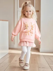 Girls Autumn Clothing Set Cartoon Rabbit Print Tulle Stitching Sweatshirt And White Ribbed Leggings Two-Piece Casual Outfit