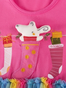 Pink knit long-sleeve dress with colorful tulle skirt and Christmas bear embroidery