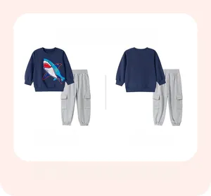 Detailed front and back view of kids navy shark sweatshirt and grey jogger pants set