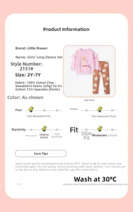 Detailed fabric composition and size chart for girls cotton ruffle sweatshirt and polka dot pants