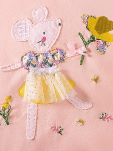 Pink knit long sleeve girls set with mouse embroidery and yellow layered mesh tutu skirt