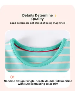 Close-up of mint green striped cotton dress with contrast red binding on the neckline