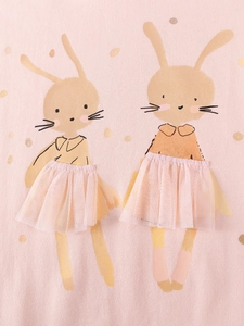 Pink cotton girls set featuring cute cartoon rabbits with 3D tulle skirt details