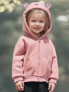 Cute Little Girls Hooded Fleece Jacket Cartoon Animal Ears Pink Winter Coat Zippered Cotton Blend Hoodie For Toddler Kids
