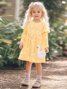 Girls Yellow Polka Dot Long Sleeve Dress 100% Cotton Swan Applique Ruffle Shoulder Autumn Casual Kids Toddler Midi Dress