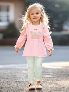 Ensemble Fille Coton Haut à Manches Longues Volants et Pantalon Floral Automne Rose Appliqué Papillon Vêtements Enfant