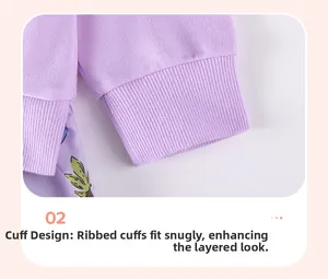 Close-up of ribbed cuffs on purple cotton girl dress showing elastic texture and soft knit