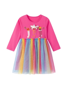 Girls long sleeve Christmas dress with hot pink top and rainbow tulle mesh skirt