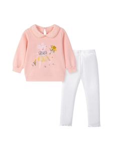 Pink cotton sweatshirt with mouse embroidery and white ribbed leggings two-piece girl outfit