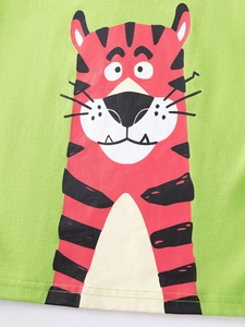 Green cotton long sleeve toddler T-shirt featuring a vibrant red cartoon tiger print