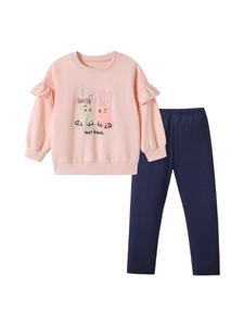 Mädchen Set mit rosa Sweatshirt und blauer Hose sowie niedlicher Hasen-Stickerei
