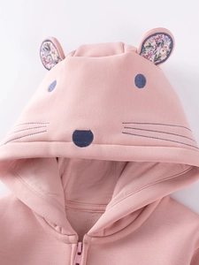 Pink hooded baby jacket with animal ear details and floral lining for infants