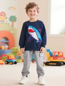 Boys Long Sleeve Cotton Sweatshirt And Cargo Jogger Pants Cartoon Shark Pullover Elastic Waist Trousers For Kids