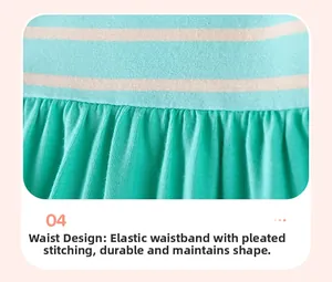 Detail of mint green striped waistband and pleated skirt with durable stitching