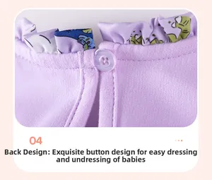 Detail of baby girl cotton dress with purple floral collar and back button closure