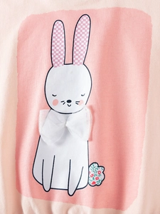 Pink toddler girl long sleeve sweatshirt featuring a cute cartoon rabbit and mesh bow detail